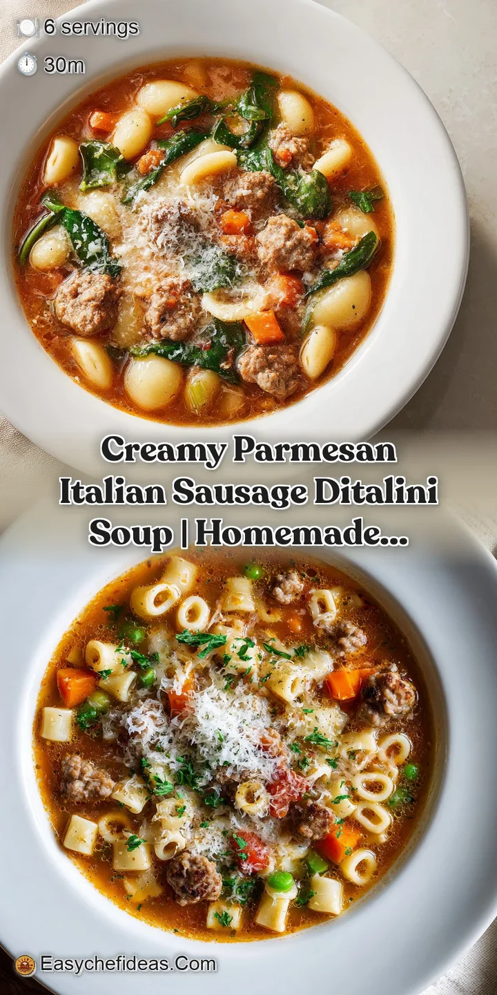 Close-up of tender ditalini pasta swirling in a thick, ivory broth dotted with savory sausage crumbles.