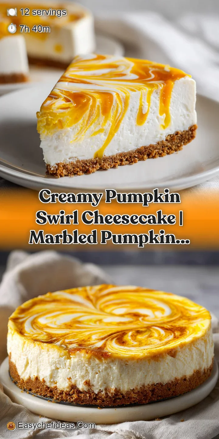 Close-up of silky smooth cake layers with glossy orange pumpkin swirls and a crumbly, toasted graham cracker crust.