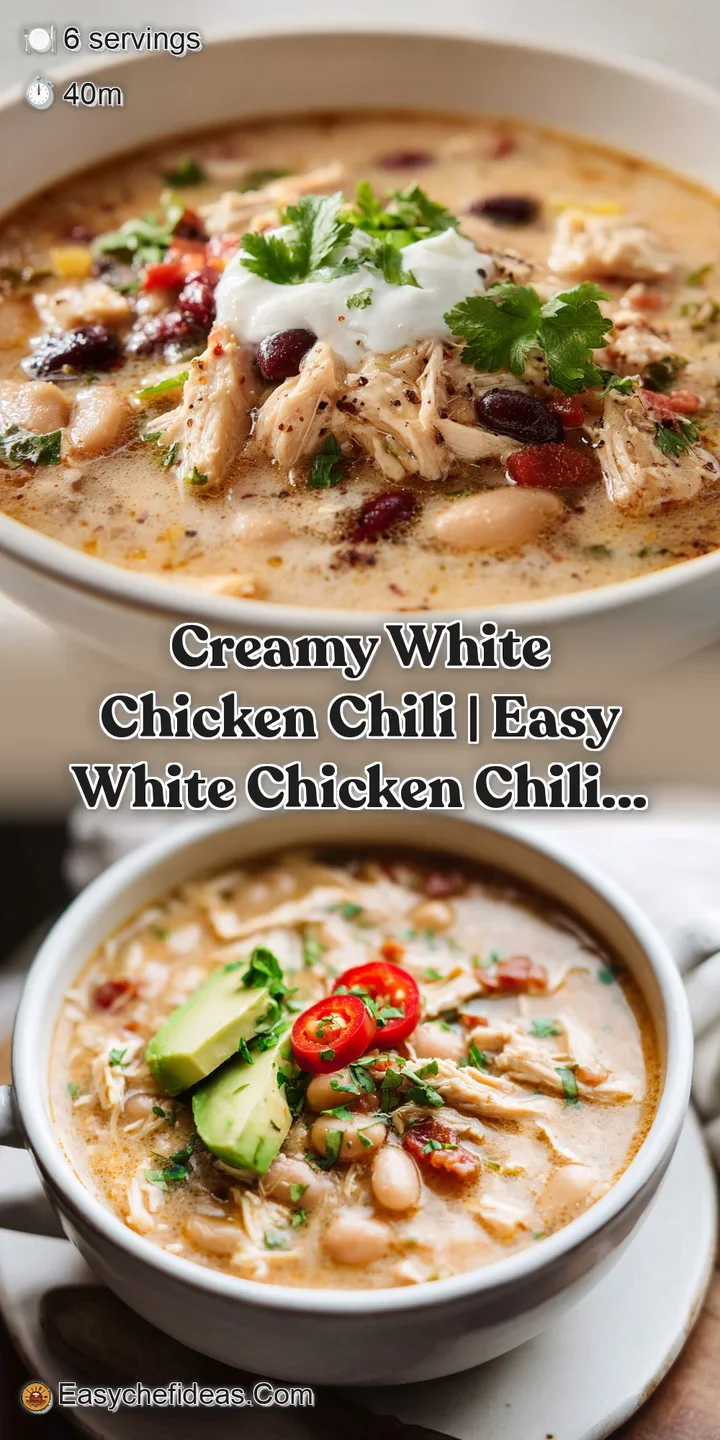 Close-up of steaming white chicken chili, showing creamy texture and visible white beans with bright green chili pieces.