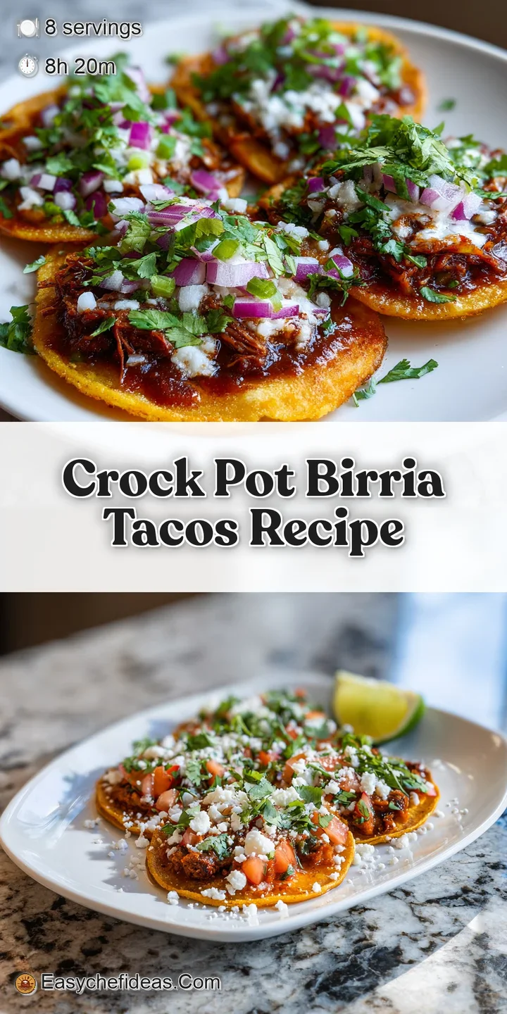 Close-up of tender, slow-cooked beef birria with a rich, deep red broth, topped with glistening melted cheese and fresh gr...