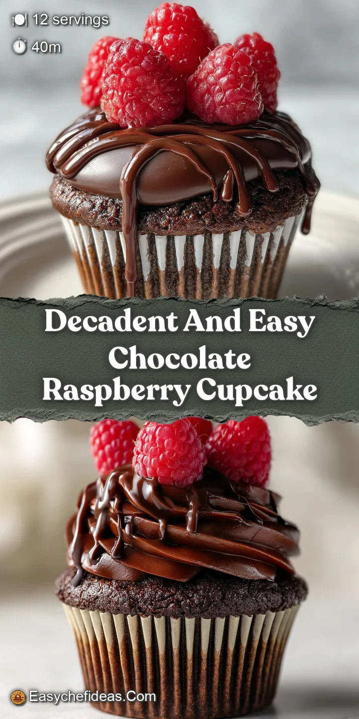 Close-up of a moist chocolate cupcake with glistening ganache and a bright red raspberry, showcasing a soft and decadent d...