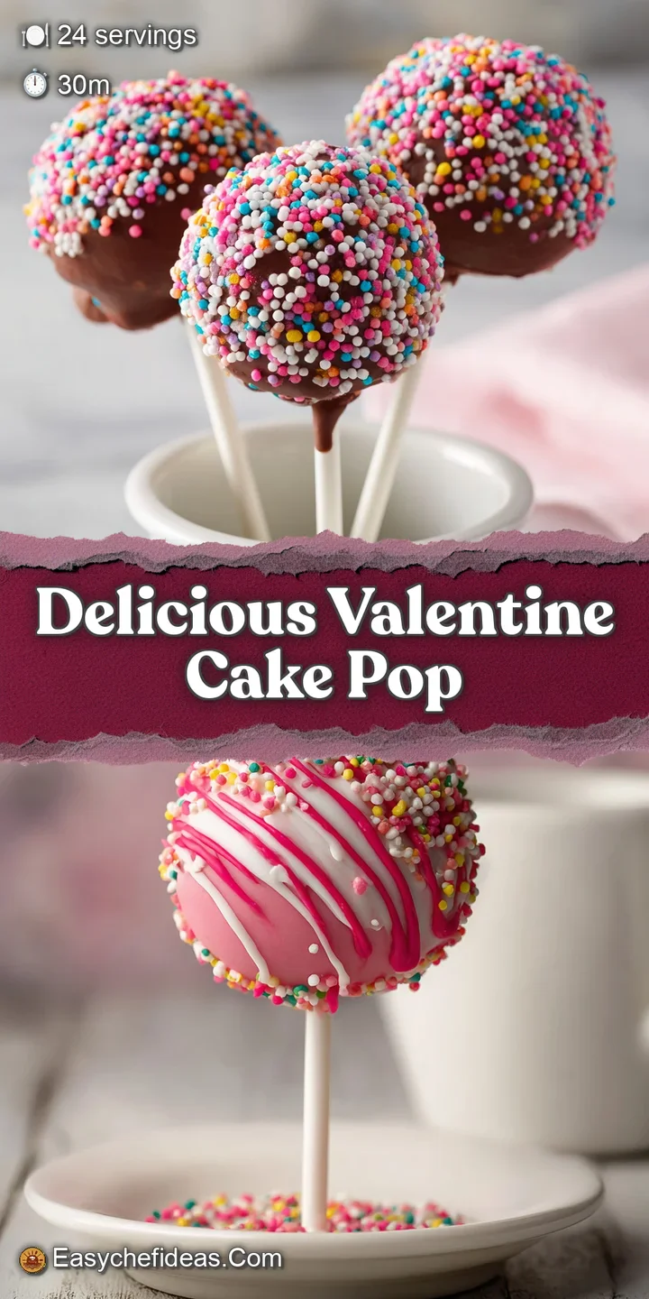 Close-up of a pink frosted cake pop. Candy sprinkles and a white candy melt heart add texture to the sweet treat.