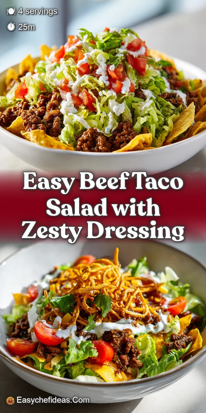 Close-up of a mouthwatering taco salad showcasing seasoned ground beef, fresh toppings, and a tempting drizzle of creamy d...
