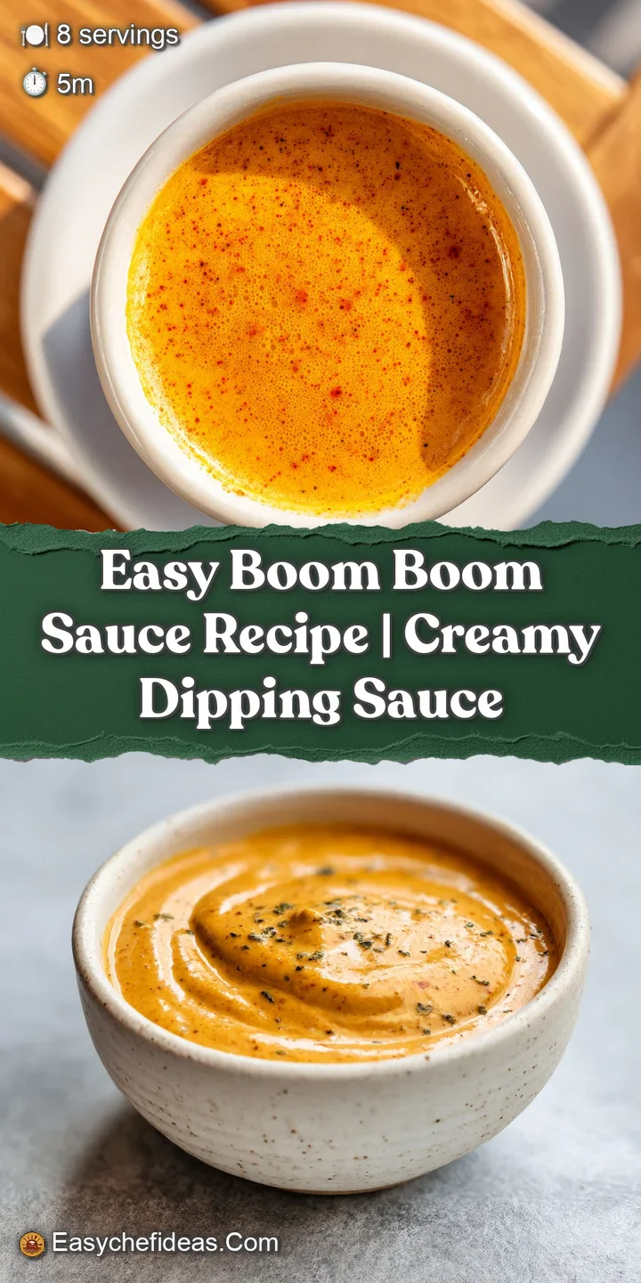 Close-up: Creamy, thick Boom Boom sauce; vibrant orange hue with tiny red pepper flakes visible, creating an inviting text...