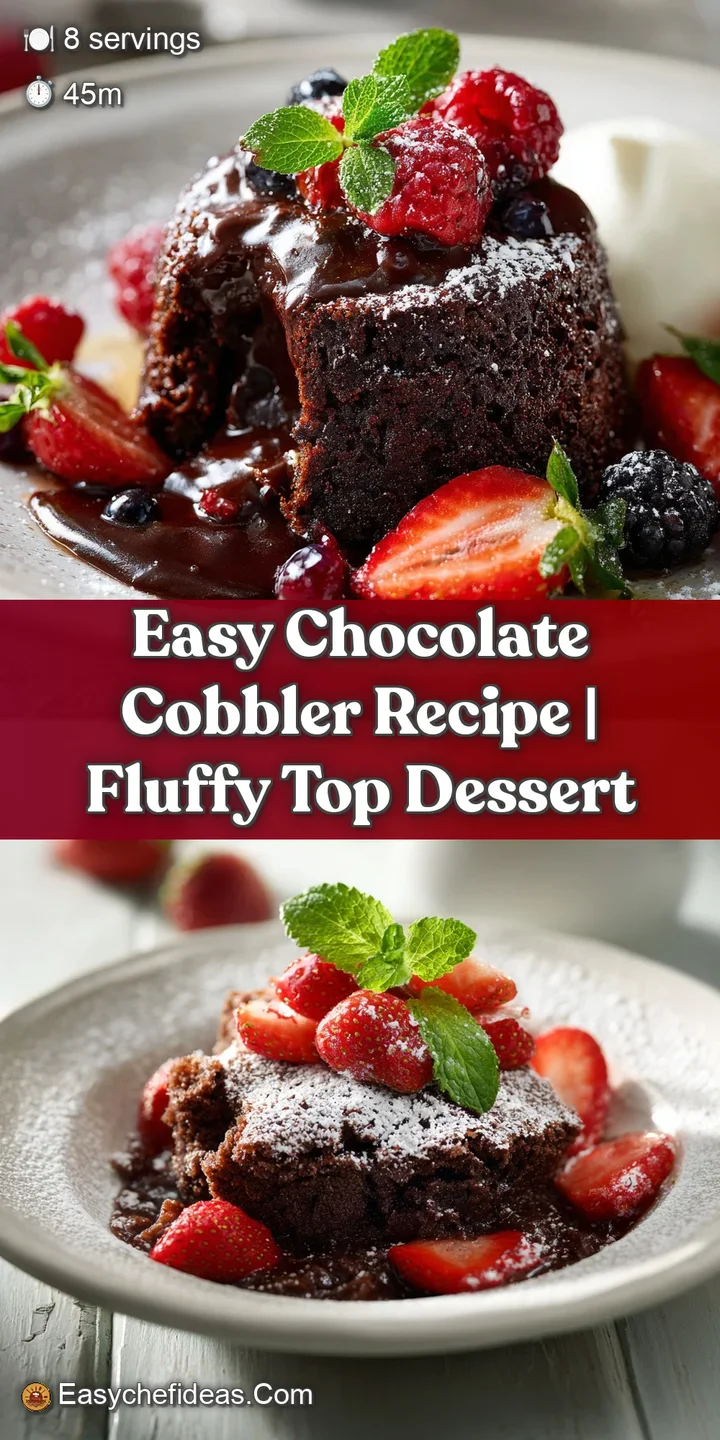 Close-up of gooey chocolate cobbler, the surface shiny and cracked, hinting at its warm, fudgy interior. A delicious dessert!