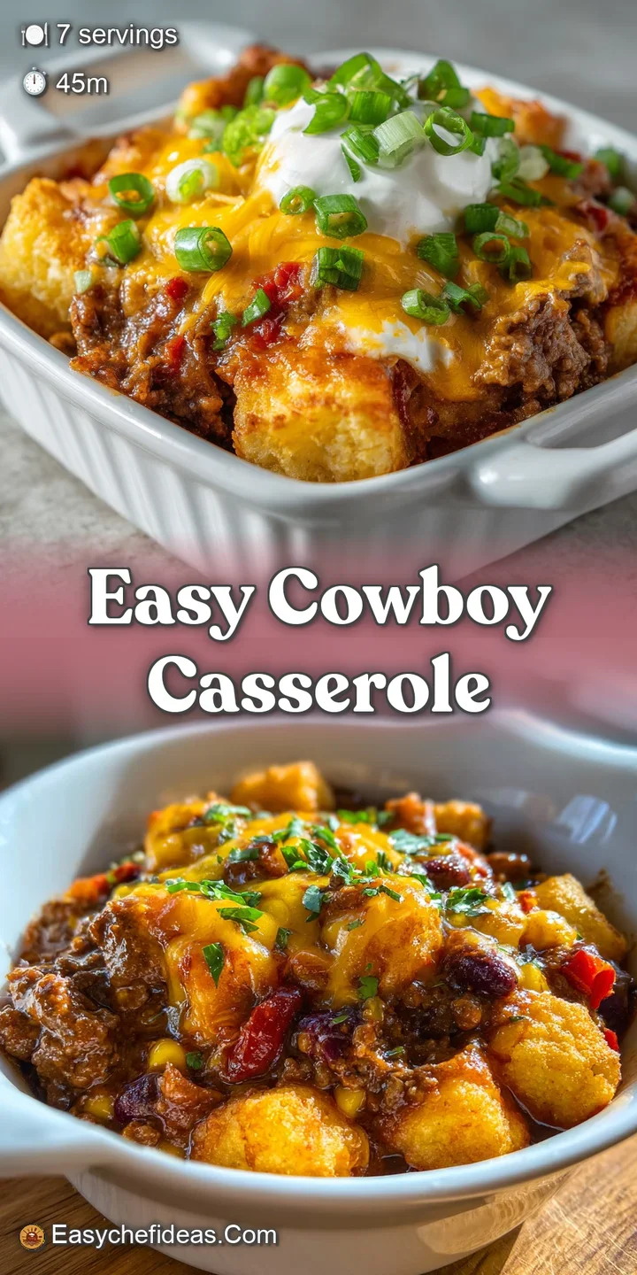 Close-up of cowboy casserole, steaming, with browned potato edges and gooey, melted cheddar cheese. A hearty, comforting d...