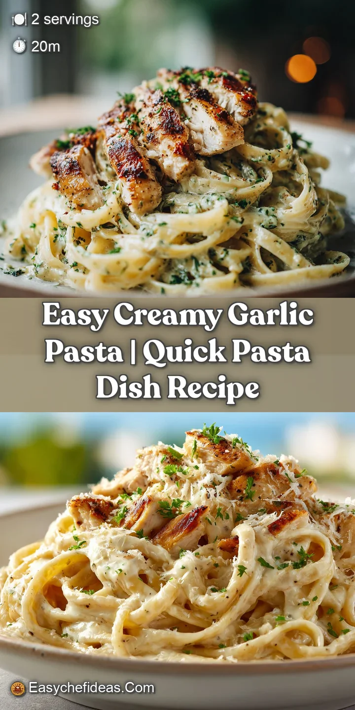 Close-up of creamy garlic pasta showing glistening sauce clinging to noodles, flecks of herbs, and melted parmesan cheese.