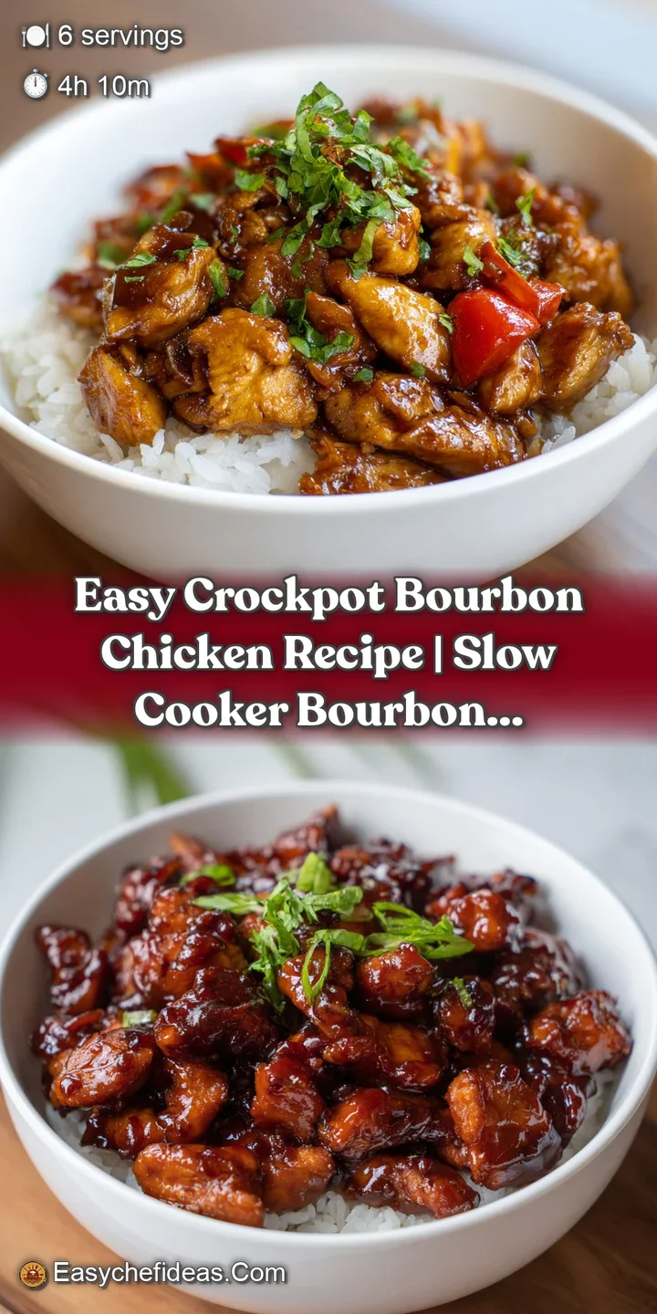 Close-up of tender bourbon chicken, coated in a rich, mahogany-colored sauce, reflecting light and promising a sweet, savo...