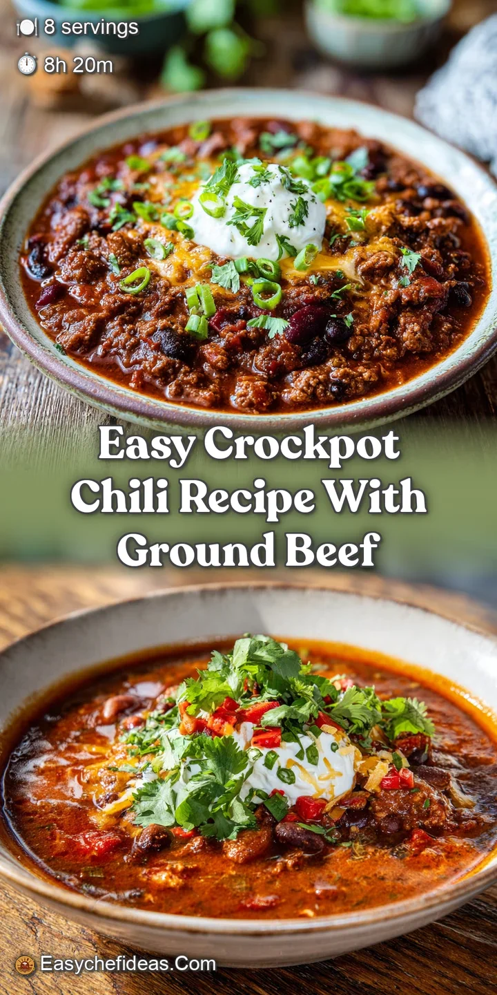Up-close shot of thick, simmering chili with tender ground beef, showcasing the vibrant colors and textures of a slow-cook...