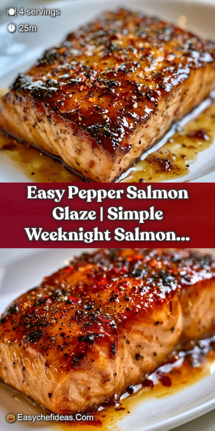 Close-up of glistening, caramelized salmon with visible cracked black pepper and a sticky, honey-colored glaze.