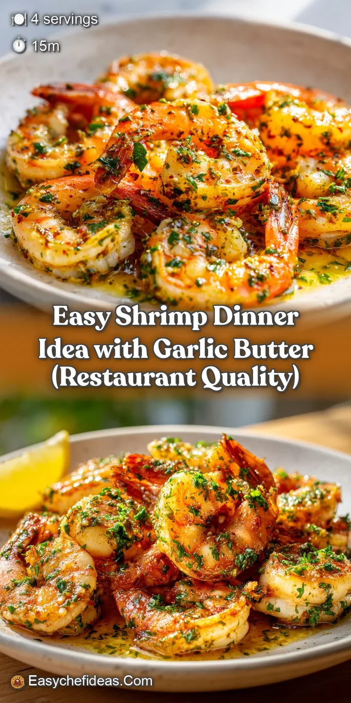 Close-up of juicy shrimp glistening with garlic butter, highlighting the appetizing textures and vibrant colors of a quick...