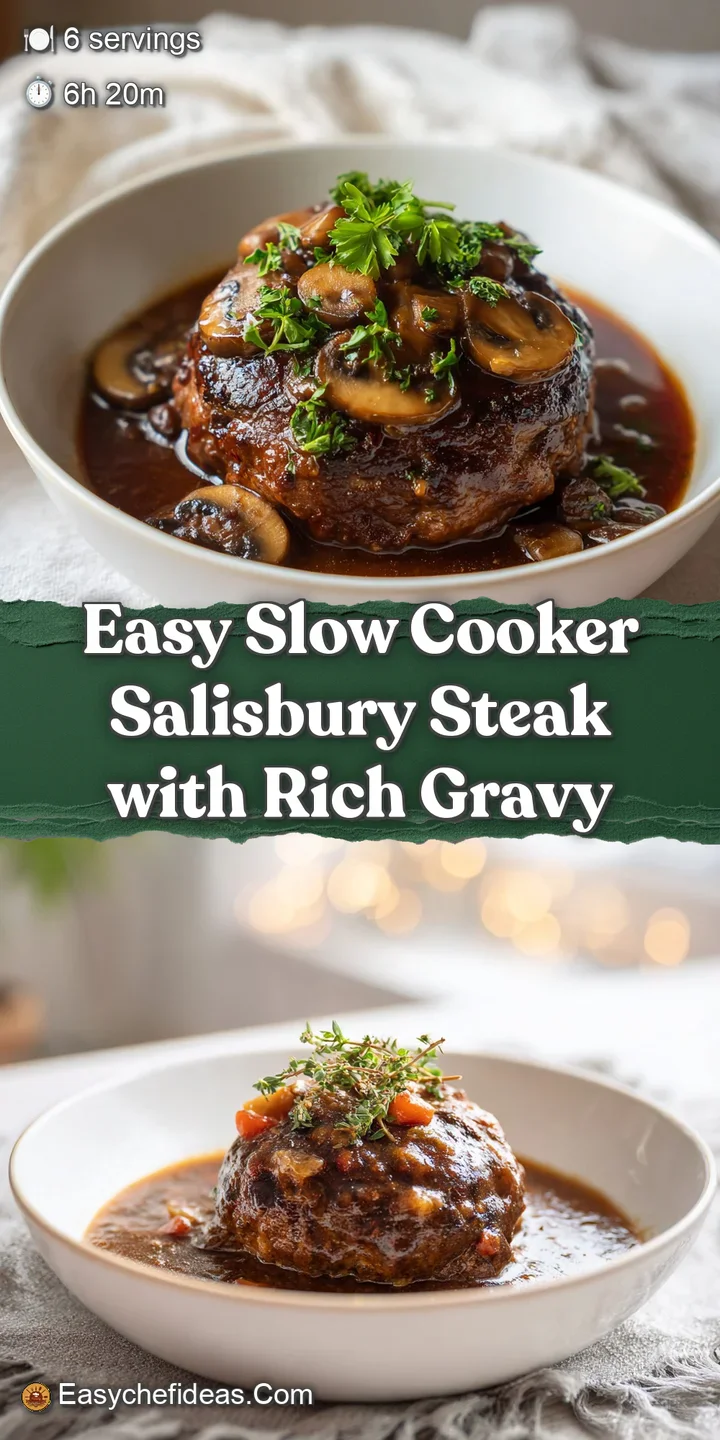 Close-up of a glistening Salisbury steak smothered in a luscious mushroom gravy. You can almost smell the savory aroma. Pe...
