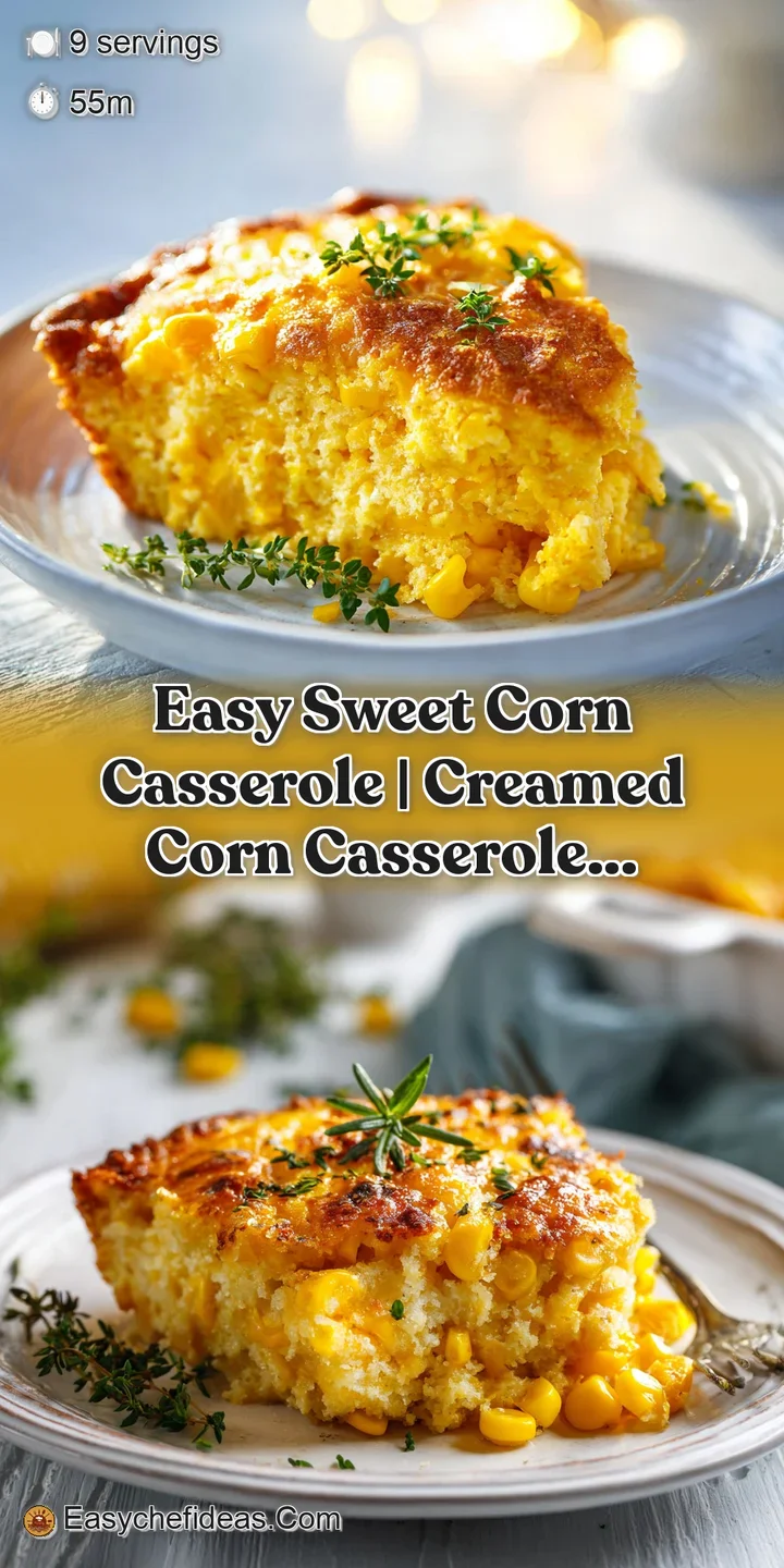 Close-up of a sweet corn casserole reveals moist interior with tender corn. Hints of melted butter glisten on the surface,...