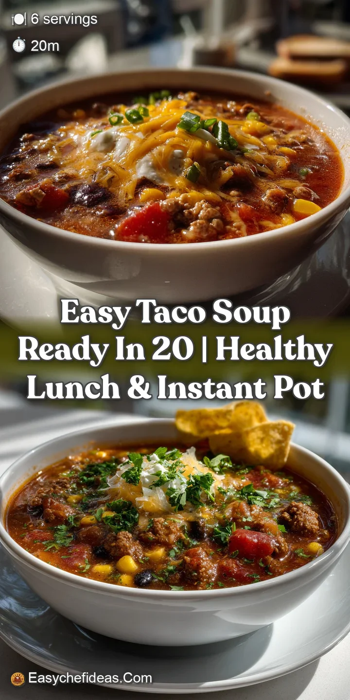 Hearty taco soup with a vibrant mix of colors: deep red broth, speckled with corn, beans, and tender beef, and topped with...
