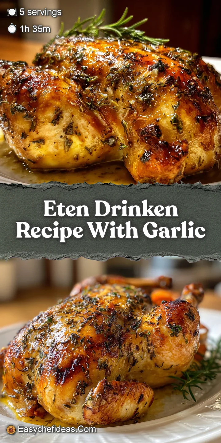 Close-up shows juicy chicken infused with glistening garlic oil, bursting with fresh herbs; appetizing and full of aroma.