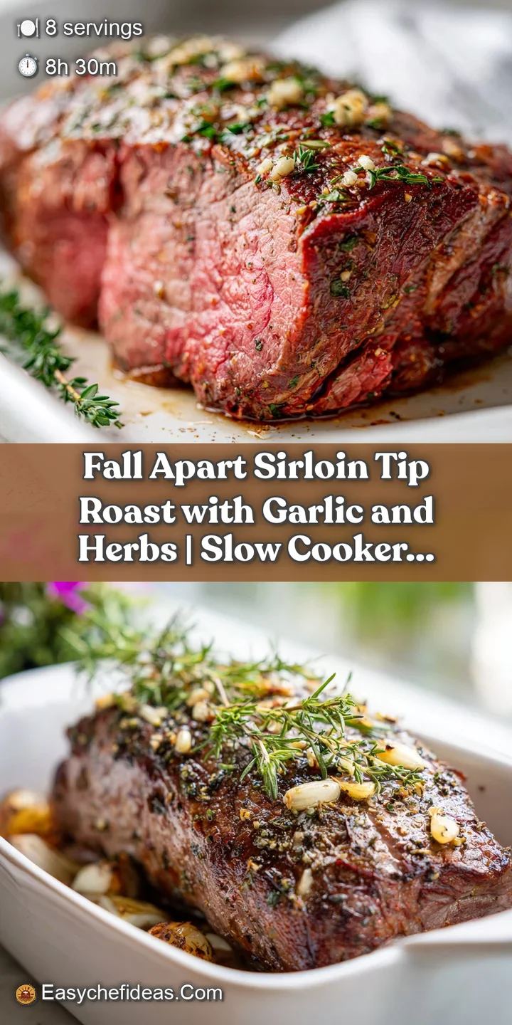 A close-up reveals the tender, shredded texture of sirloin tip roast, infused with garlic and herbs.