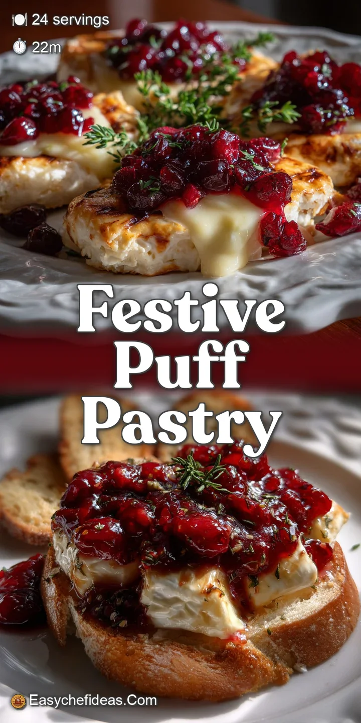 Close-up of bubbling melted brie, speckled with ruby-red cranberries, hints of herbs, and a golden, flaky crust.