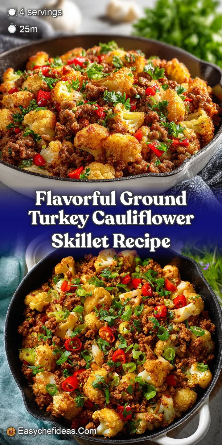 Textured ground turkey and cauliflower skillet filling a cast iron pan, speckled with herbs and spices. A comforting, bala...