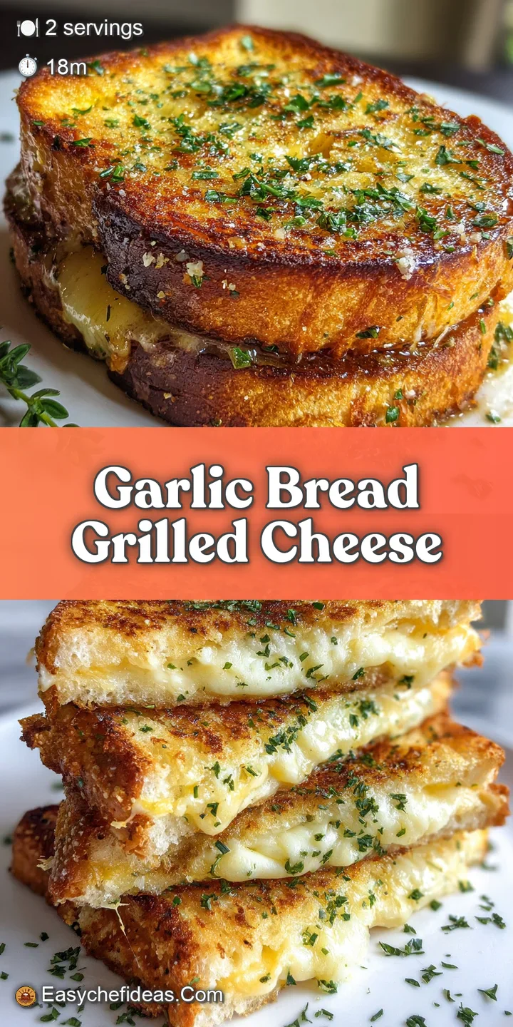 Close-up shot of a garlic bread grilled cheese sandwich; cheese stretches, with toasted bread showing bits of garlic and h...