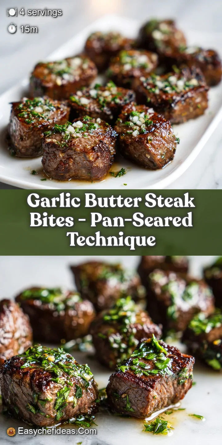 Close-up showcases juicy steak bites glistening with garlic butter, hinting at the rich savory flavor and tender texture.