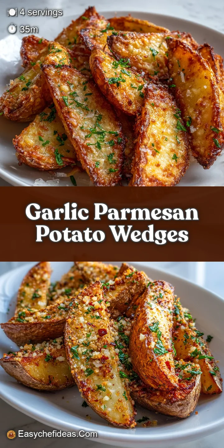 Up-close, garlic parmesan potato wedges reveal crispy edges and fluffy interiors; a savory delight ready to be devoured.