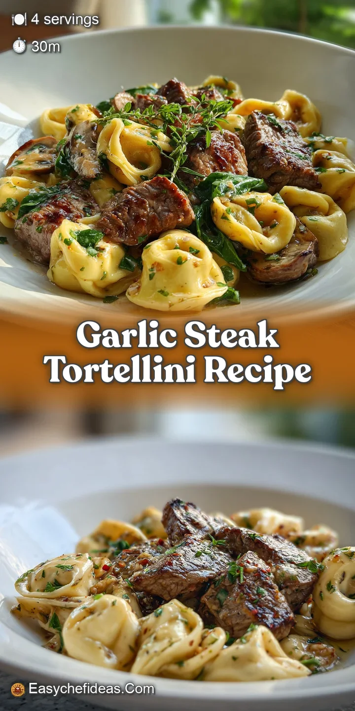 Close-up view of perfectly cooked tortellini and juicy steak in a rich, creamy garlic sauce, hinting at savory flavors and...