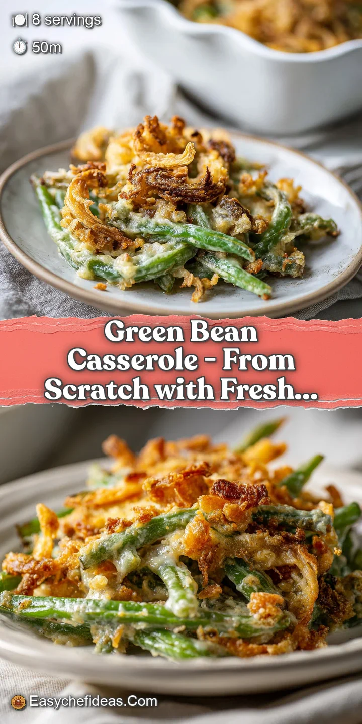 Close-up of tender green beans in a rich, creamy sauce, studded with crunchy fried onion pieces.