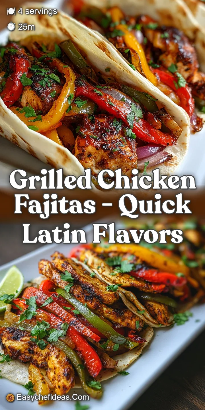 Close-up of grilled chicken fajitas. Juicy chicken with flavorful grill marks, bright peppers, and sizzling onions create ...