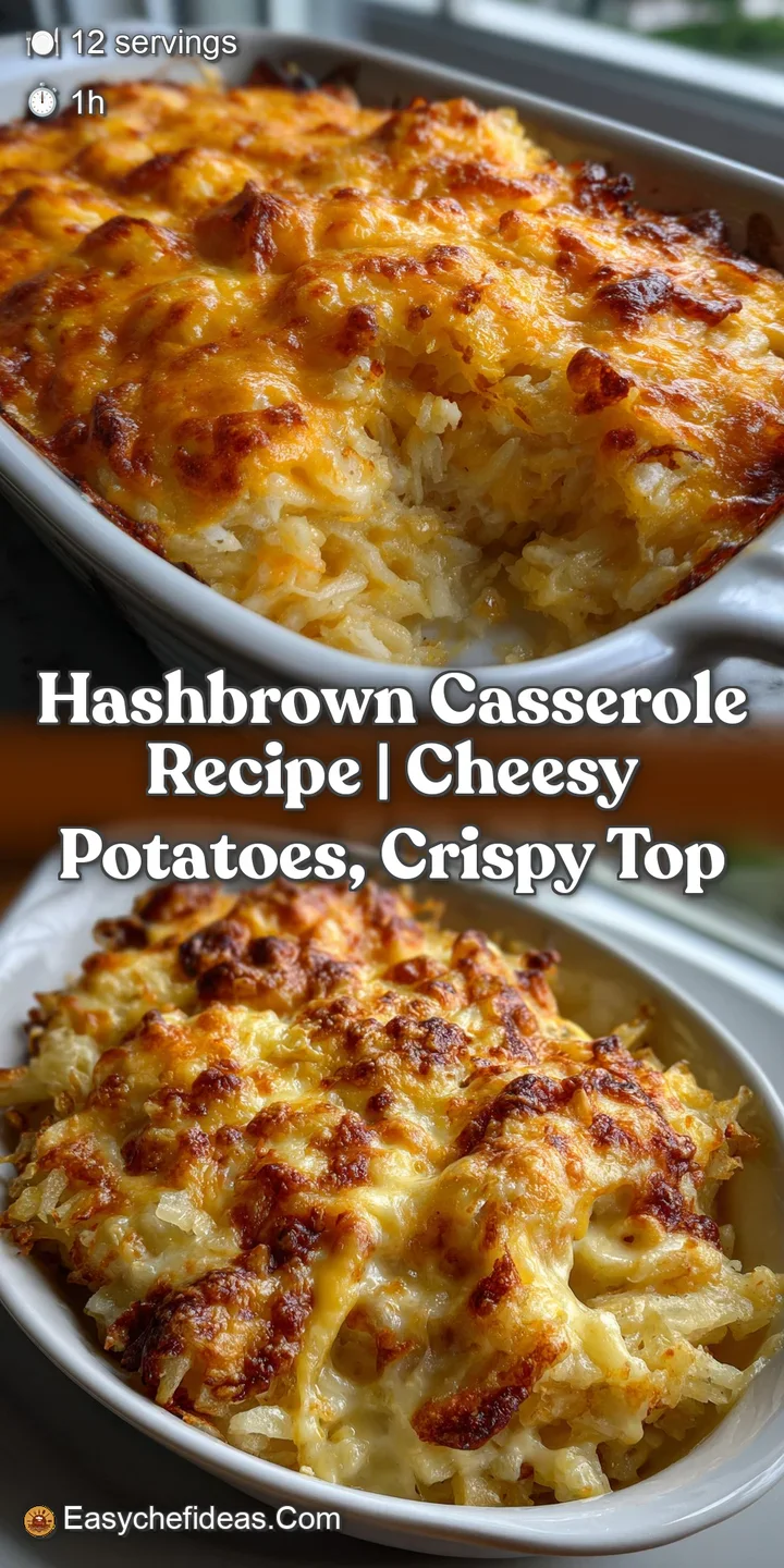 Close-up of a bubbly, cheesy hashbrown casserole. The golden-brown surface hints at a crispy texture. Rich, creamy potato ...