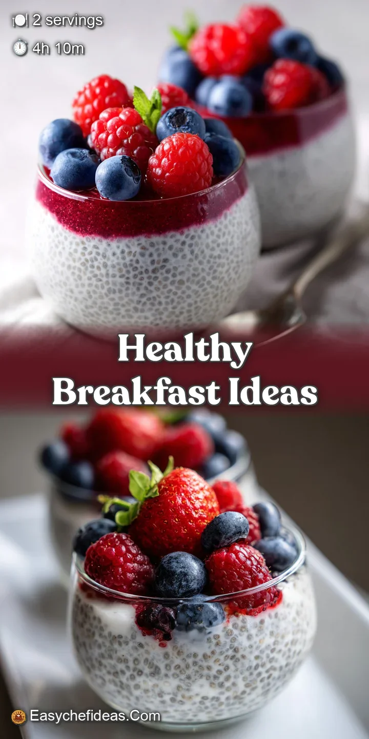 Close-up of glistening, plump blueberries and raspberries nestled in a fluffy white cloud of chia seed pudding. Fresh and ...