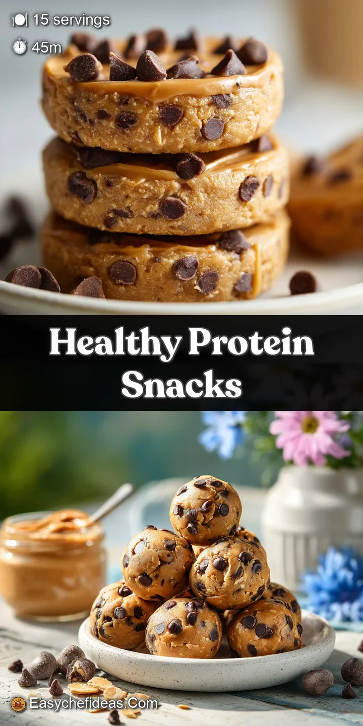 Close-up shows a protein ball with visible oats, peanut butter, and melting chocolate chips. Light reflects off a slightly...