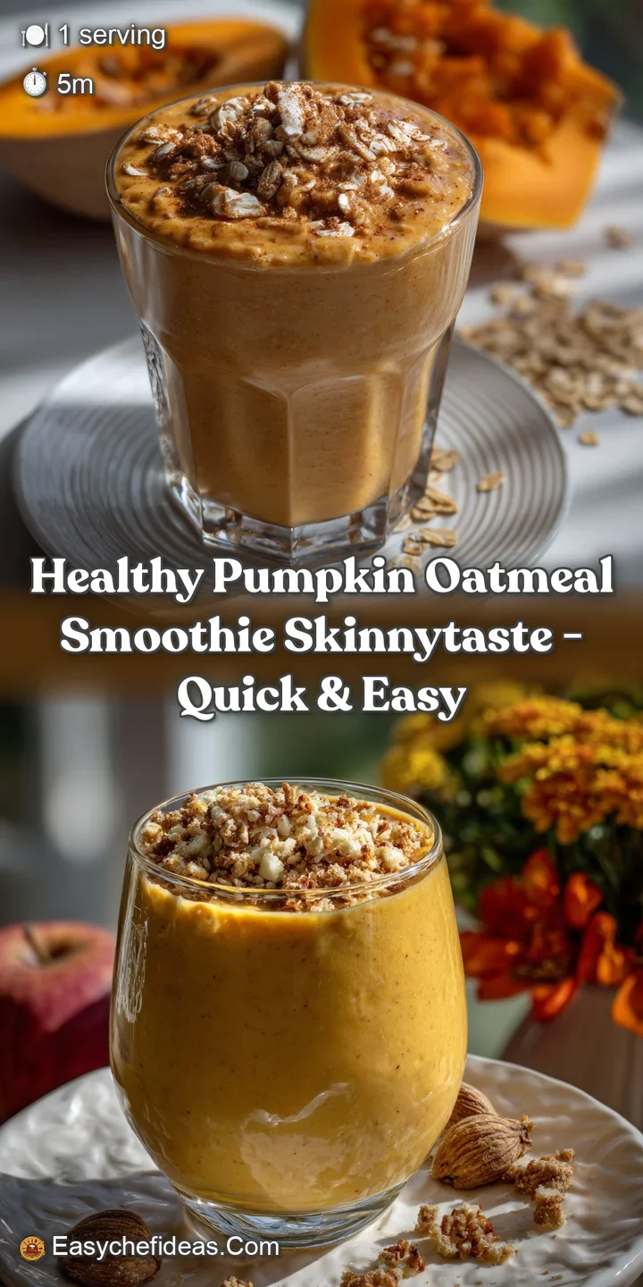 Close-up of a thick, creamy pumpkin smoothie. The rich orange hue is swirled with lighter tan tones. Hints of oatmeal and ...