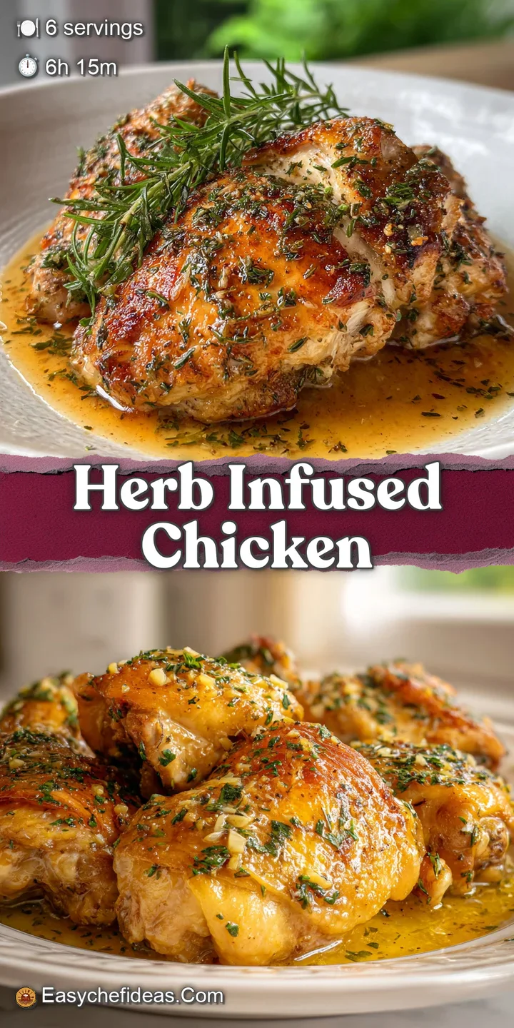 Close-up of a tender chicken thigh with a slightly caramelized surface, herbs, and glistening garlic. Rich texture and col...