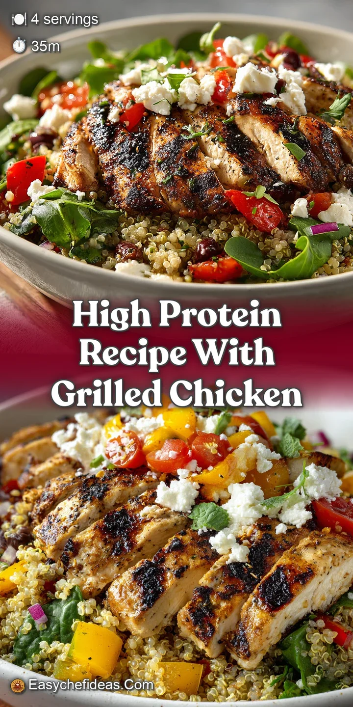 Close-up: juicy grilled chicken with grill marks. Warm quinoa studded with colorful vegetables; vibrant and fresh.