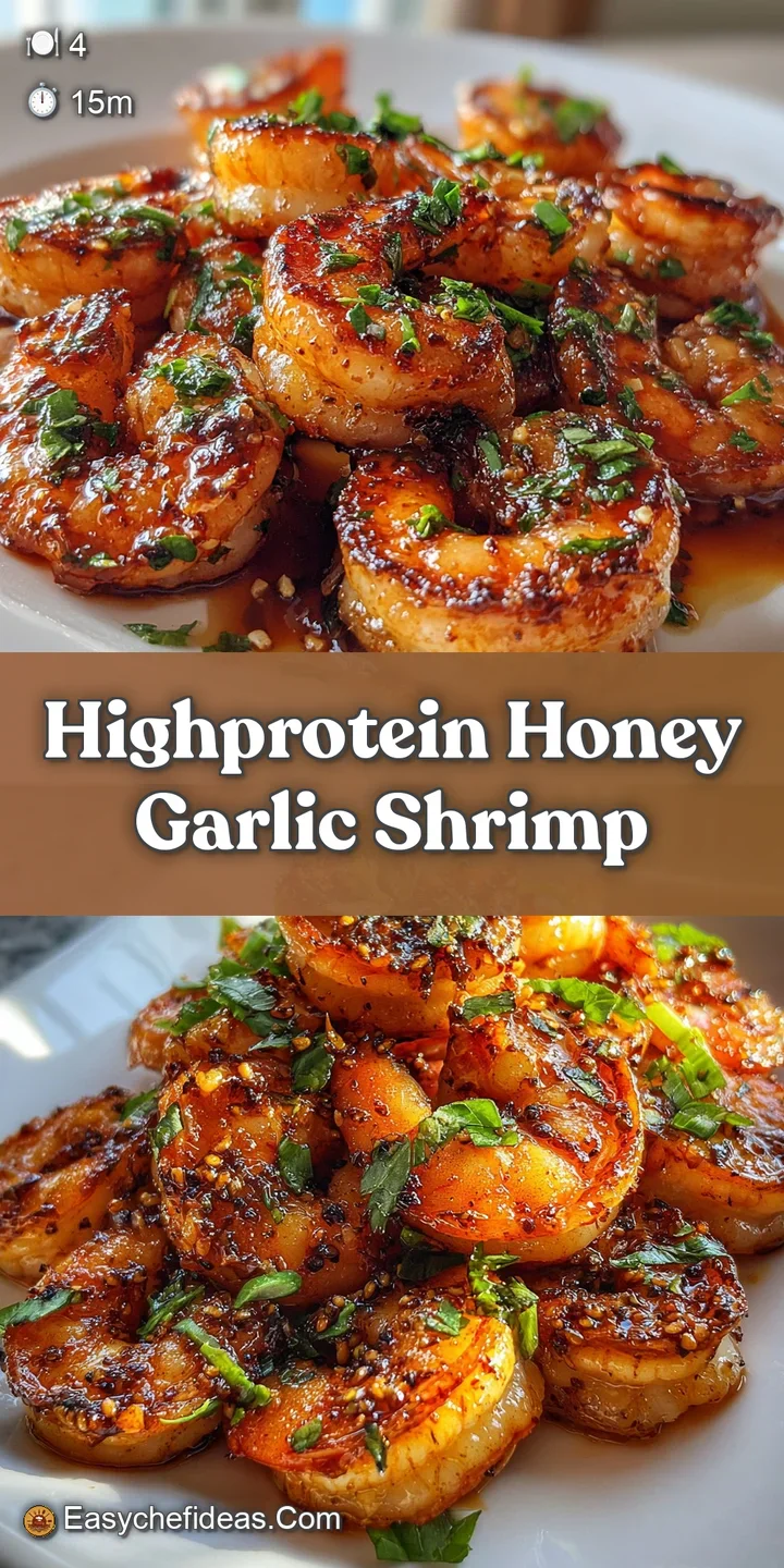 Close-up of honey-garlic shrimp: glistening, golden-brown, and coated in a rich, savory sauce, dotted with sesame seeds an...