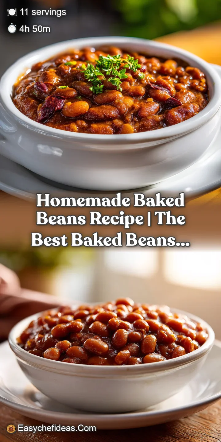 Close-up of plump, tender baked beans coated in a glossy, dark mahogany glaze, hinting at smoky sweetness.