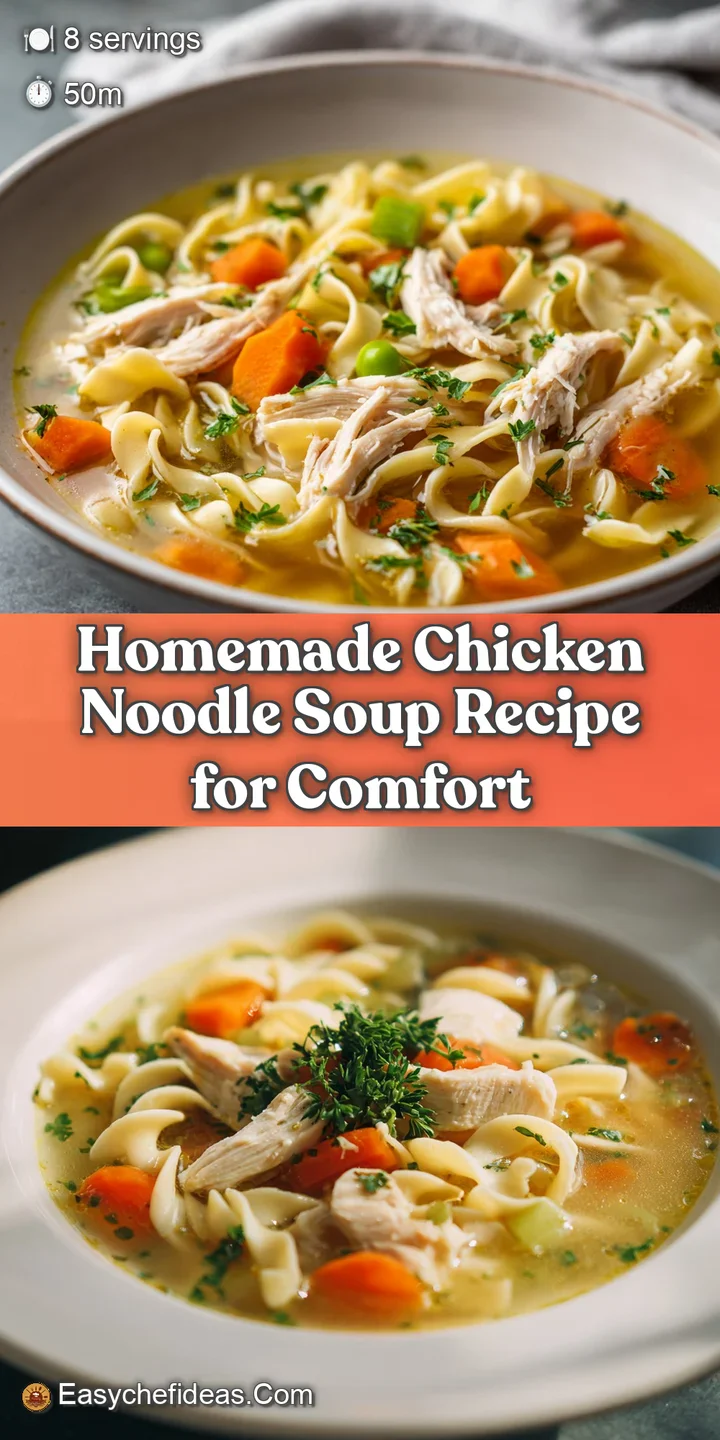 Close-up of comforting chicken noodle soup, highlighting the rich broth, tender chicken, and soft noodles with vibrant gre...