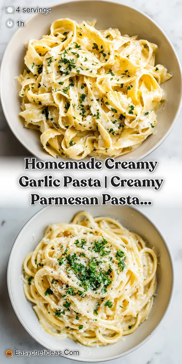 Close-up on tender pasta coated in a rich, velvety white sauce with hints of garlic and parsley.