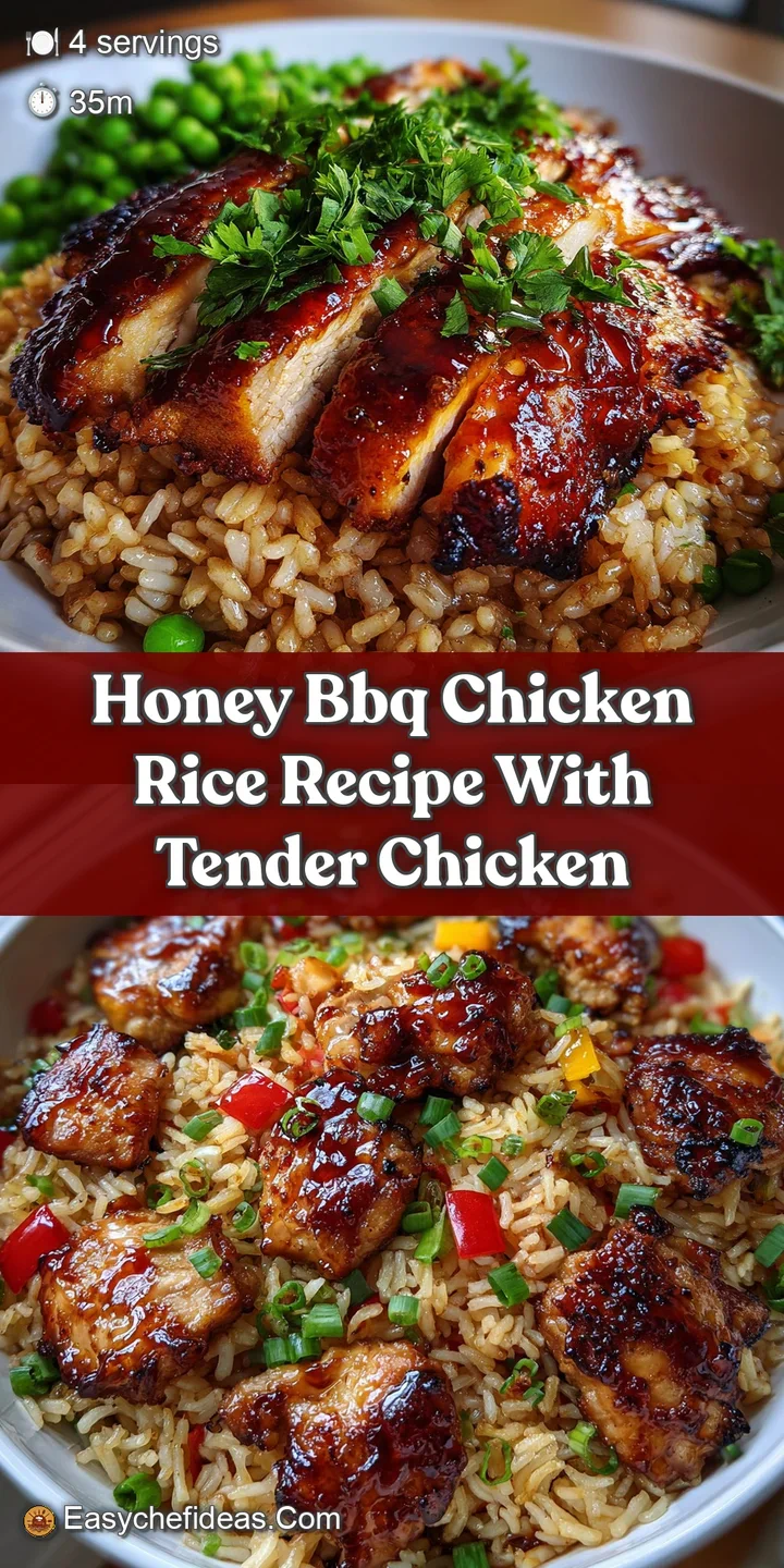 Close-up of sticky, glistening BBQ chicken pieces drenched in honey sauce over a bed of white rice. A flavorful, tempting ...