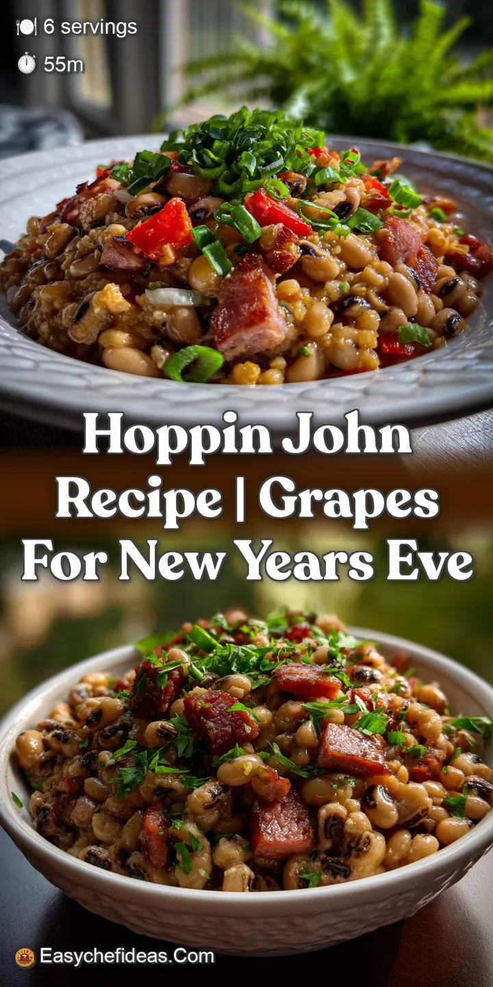 Close-up of steaming Hoppin' John: tender black-eyed peas, glistening rice, and bits of smoky ham, creating a warm, comfor...