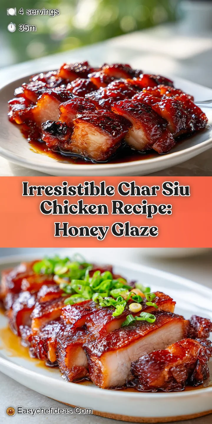 Close-up of glistening, ruby-red Char Siu chicken, showing its sticky, caramelized glaze and crispy, slightly charred edges.