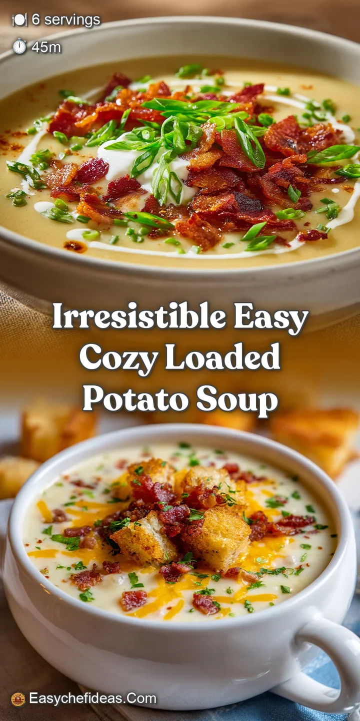 Close-up of steaming potato soup: golden potatoes, crispy bacon, and vibrant green chives create a tempting, creamy texture.