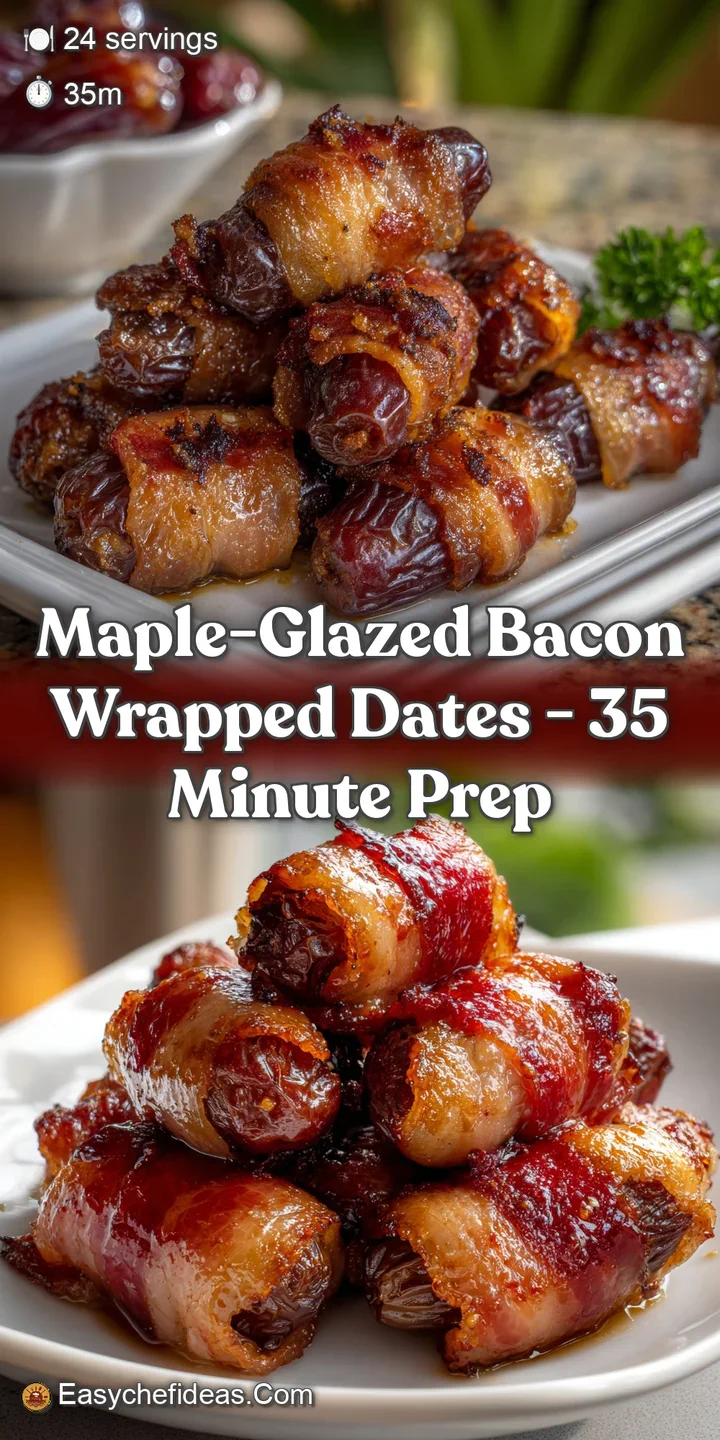 Close-up of crispy bacon, glistening with glaze, embracing a plump date. Textures of savory and sweet blend in a mouthwate...