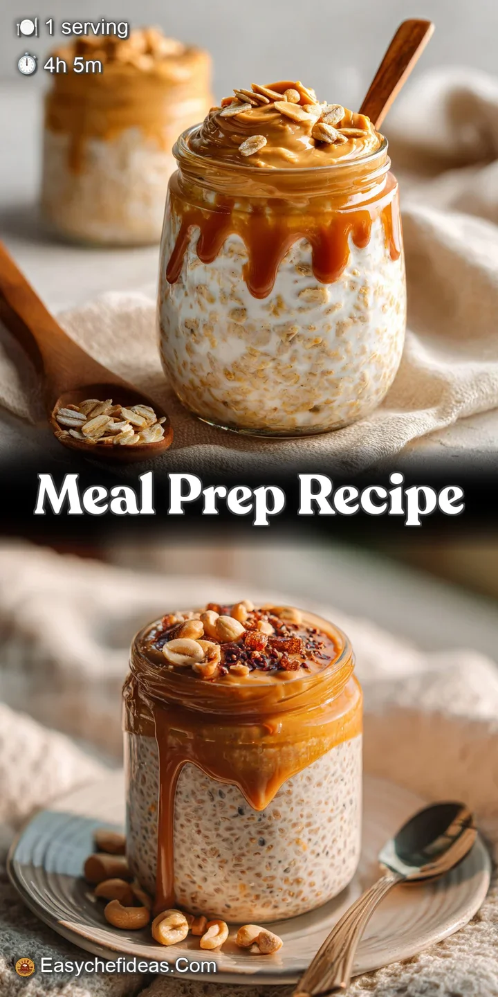 Close-up of creamy, thick overnight oats with ribbons of peanut butter. Topped with glistening chia seeds and chopped pean...