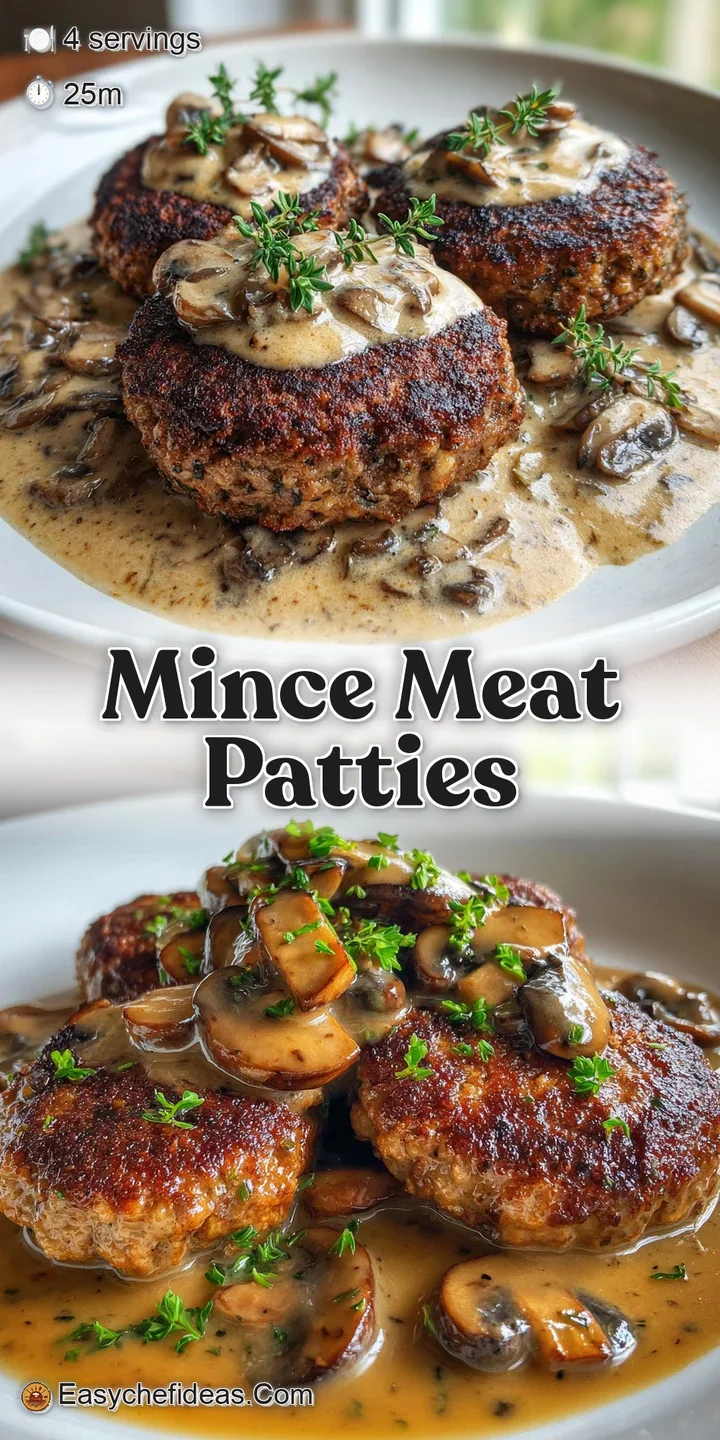 Close-up of a juicy, pan-seared mince meat patty. Rich mushroom sauce clings to the browned, savory surface.