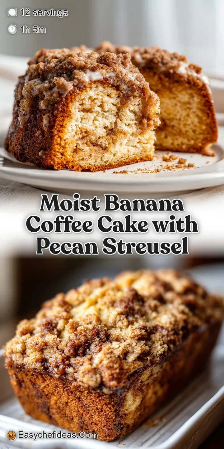 Close-up of streusel-topped banana coffee cake. Crumbly texture, golden color, hints of soft banana peeking through.