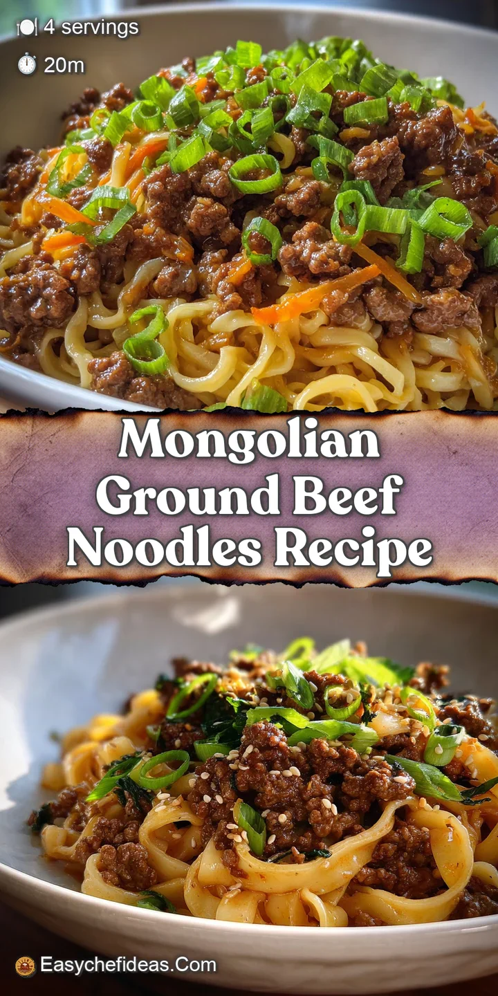 Close-up of rich, brown Mongolian ground beef noodles, glistening with sauce and a sprinkle of fresh scallions. Appetizing!