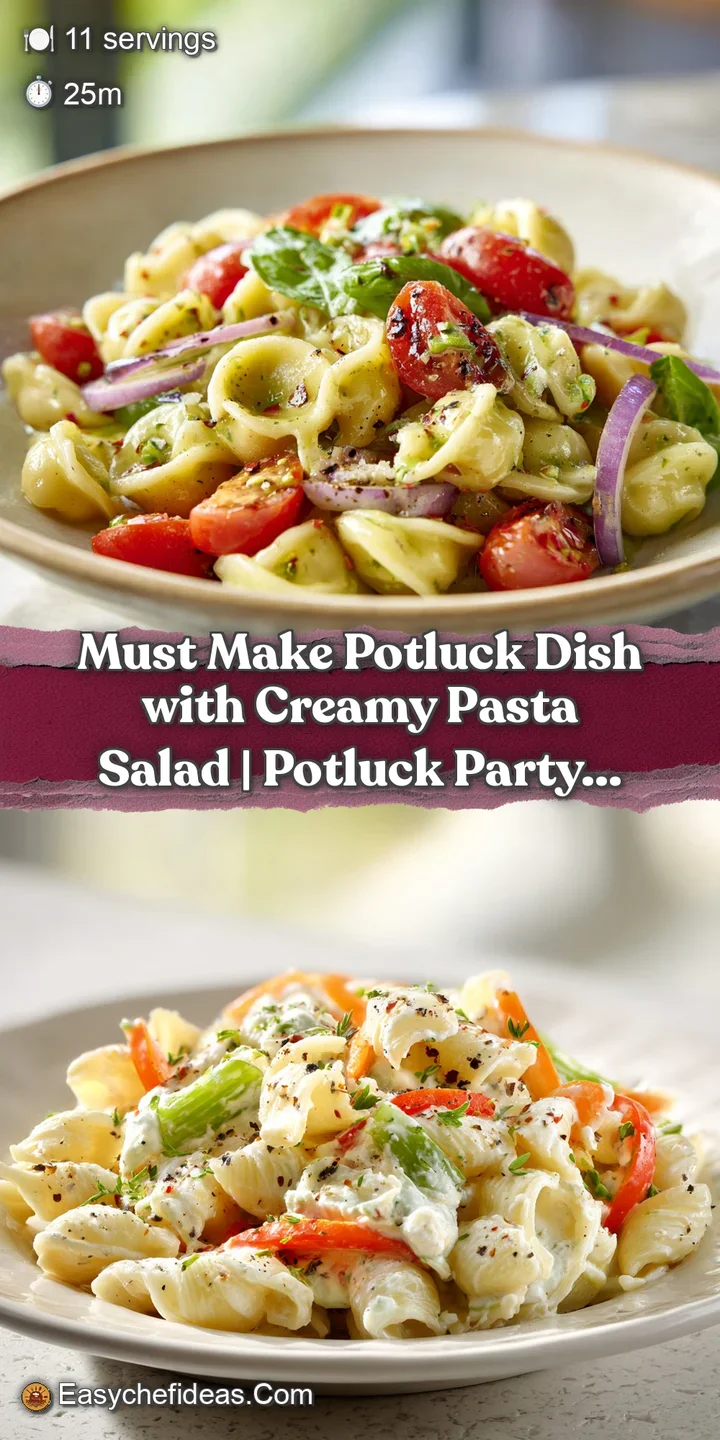 Close-up of creamy pasta salad: Spiral noodles coated in rich dressing, studded with colorful bell peppers and herbs.