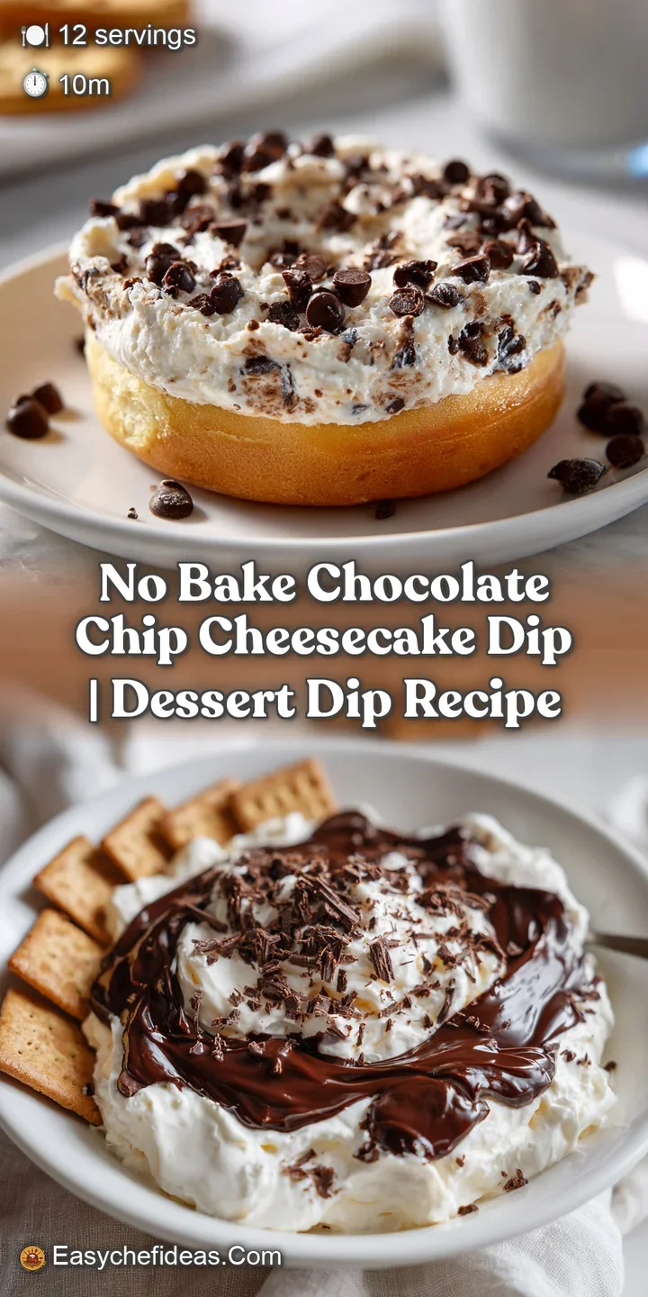 Close-up of rich, creamy cheesecake dip dotted with glossy chocolate chips, highlighting the luscious texture and inviting...