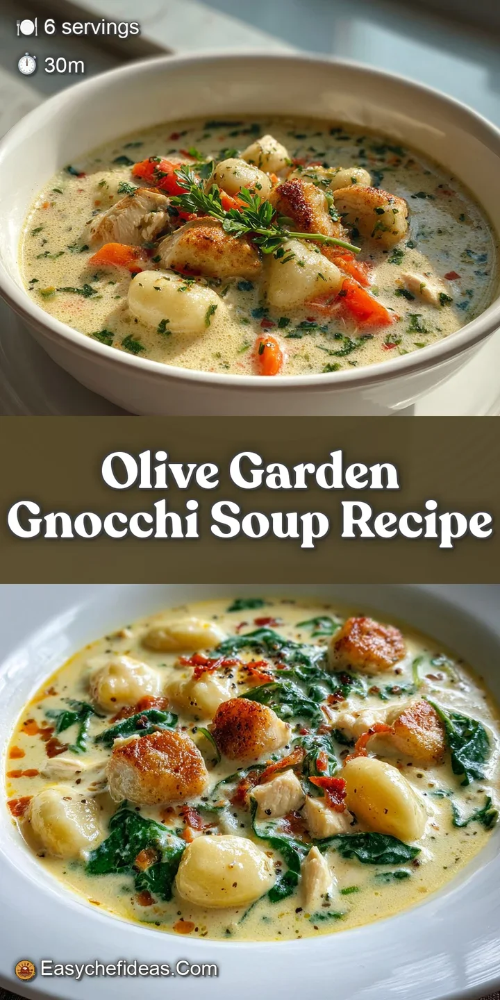 Close-up of gnocchi soup: tender potato dumplings float in a creamy, rich broth with bits of sausage and bright green spin...